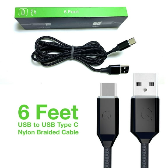 Soft Nylon Braided USB Type-C to USB-A Male USB Charger Cables - 6 Feet, Black