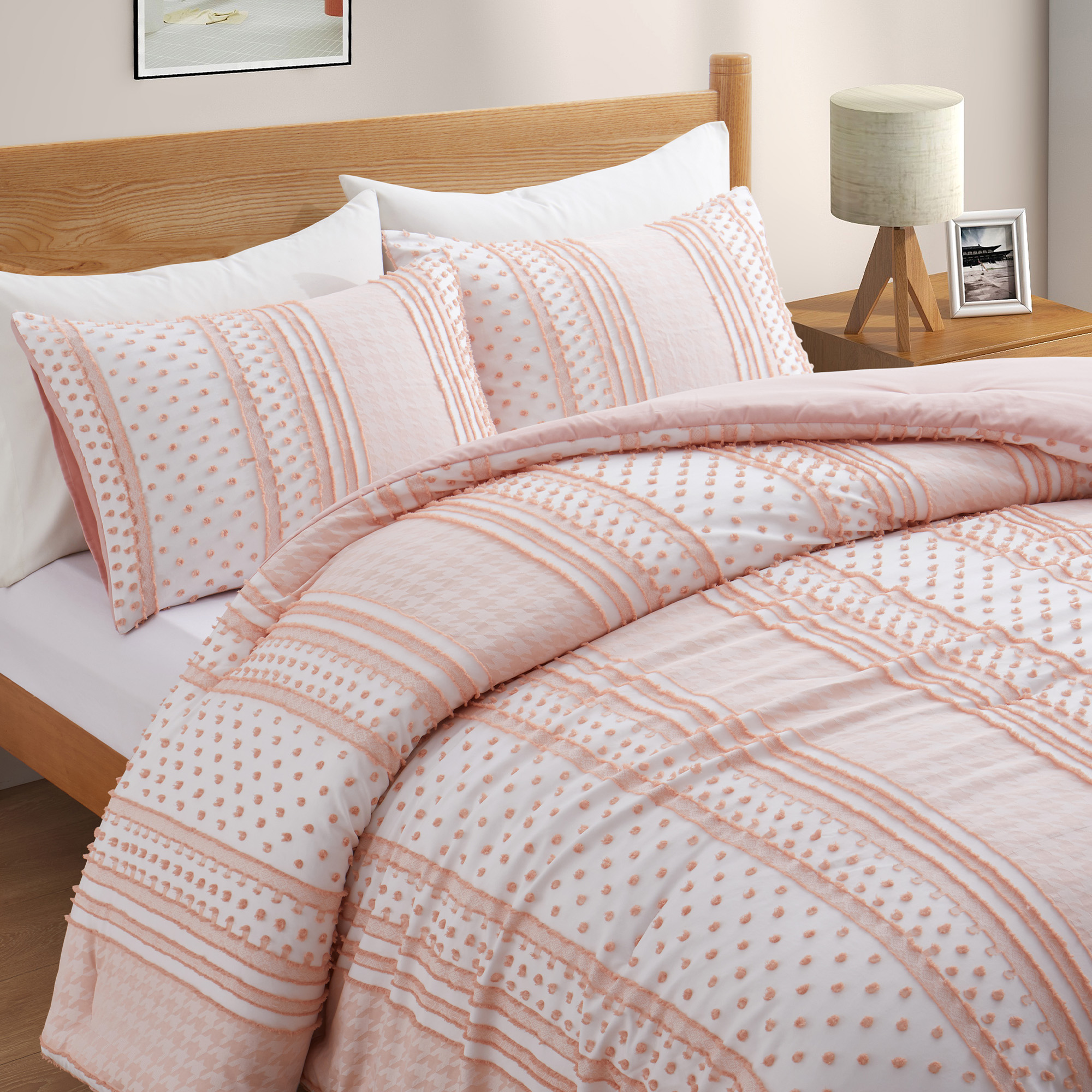 Peace Nest All Season Warmth Clipped Microfiber Comforter Set, Pink, King - image 2 of 6