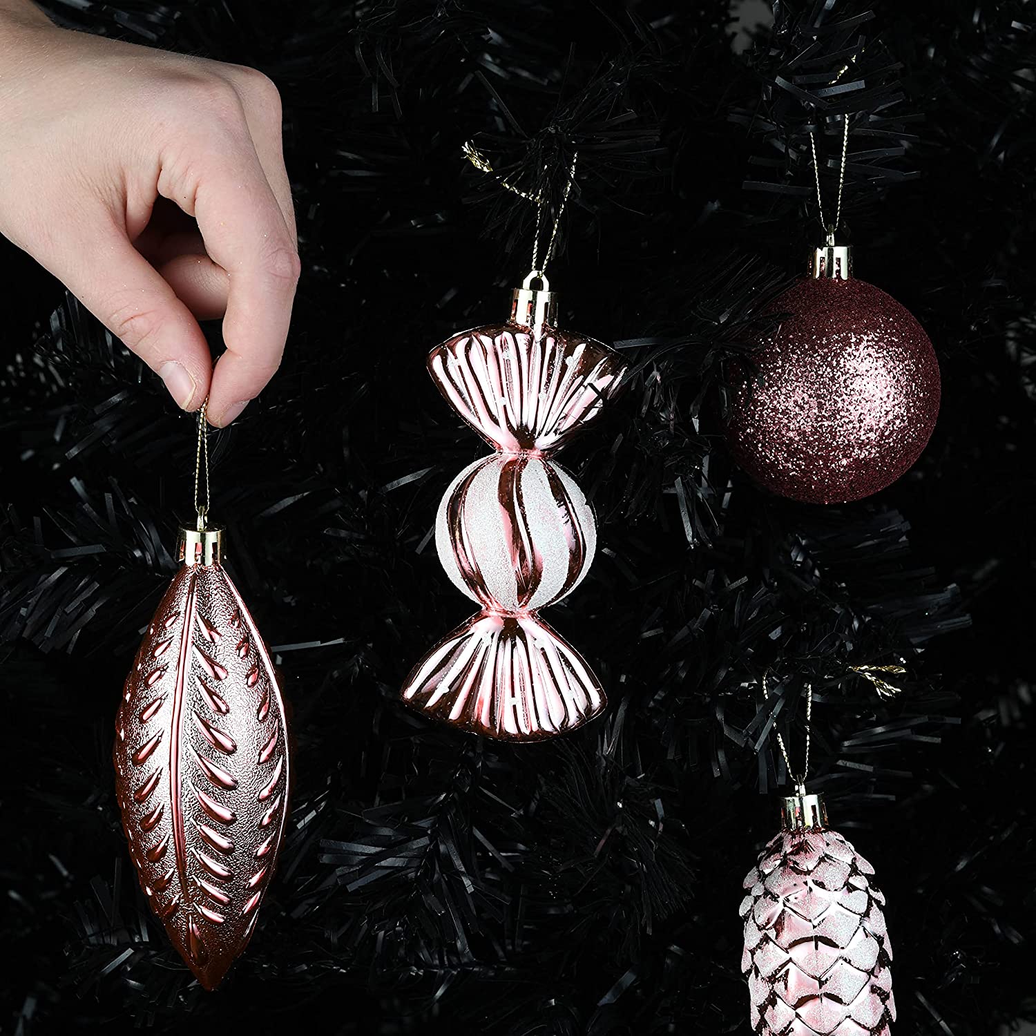 Rose Gold Christmas Ball Ornaments for Christmas Decorations - 24 Pieces Xmas Tree Shatterproof Ornaments with Hanging Loop for Holiday and Party Decoration (Combo of 8 Ball and Shaped Styles) - image 4 of 7