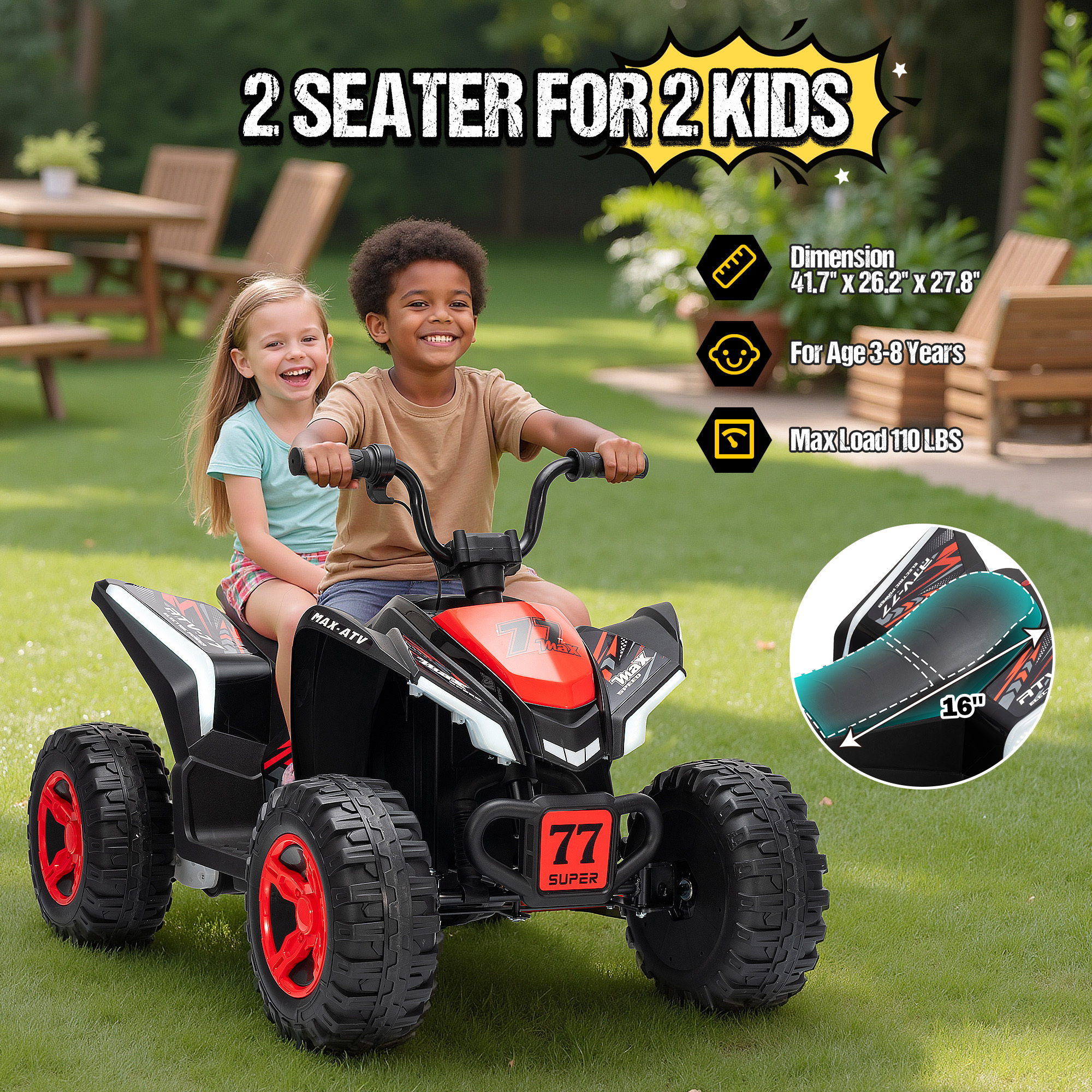 Kids ATV 4 Wheeler, Two Seater 24V Ride On Toy for Big Kid w/Unique LED Light, Music, Wireless, Story, 24 Volt Ride on Car Electric Quad for Boys Girls, Red