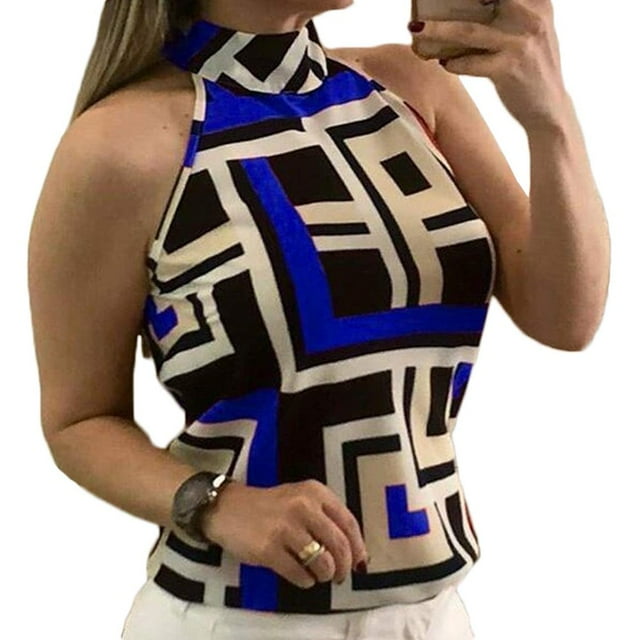 Haut à Col Licou Sans Manches à Imprimé Floral Géométrique pour Femmes, Camisole, Chemise, Hauts