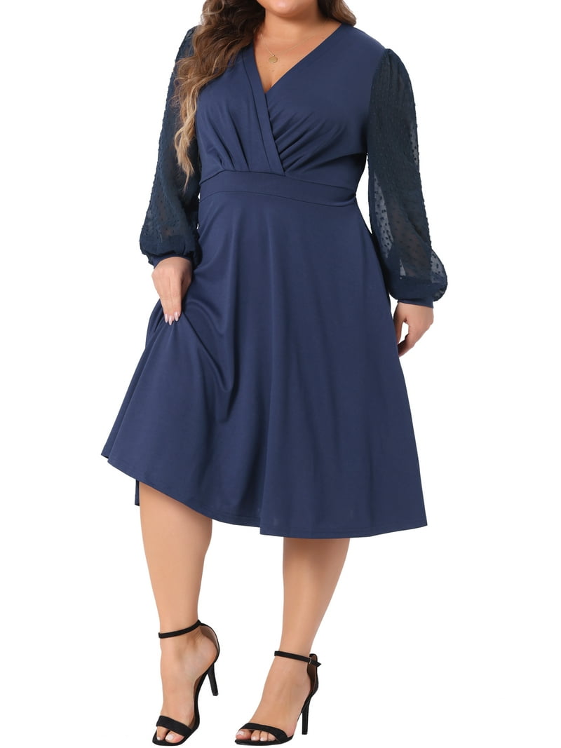 plus size long sleeve navy blue dress Elegant Navy Blue Plus Size Long Tulle Lace Formal Occasion Dress With Sleeves