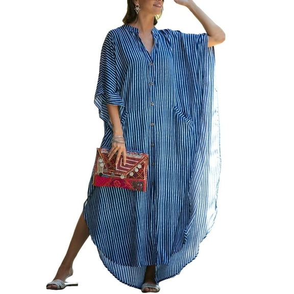 Bsubseach Women Beach Cover up Striped Bikini Swimsuit Cover ups plus Size Caftan Dresses Button up Online