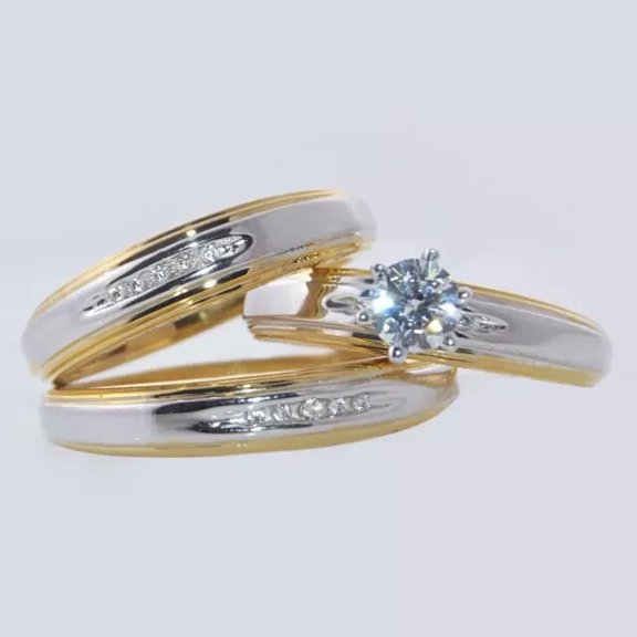 Bluebell Jewels 925 Silver Gold Finish Wedding Bridal Trio Ring Set CZ Round Cut