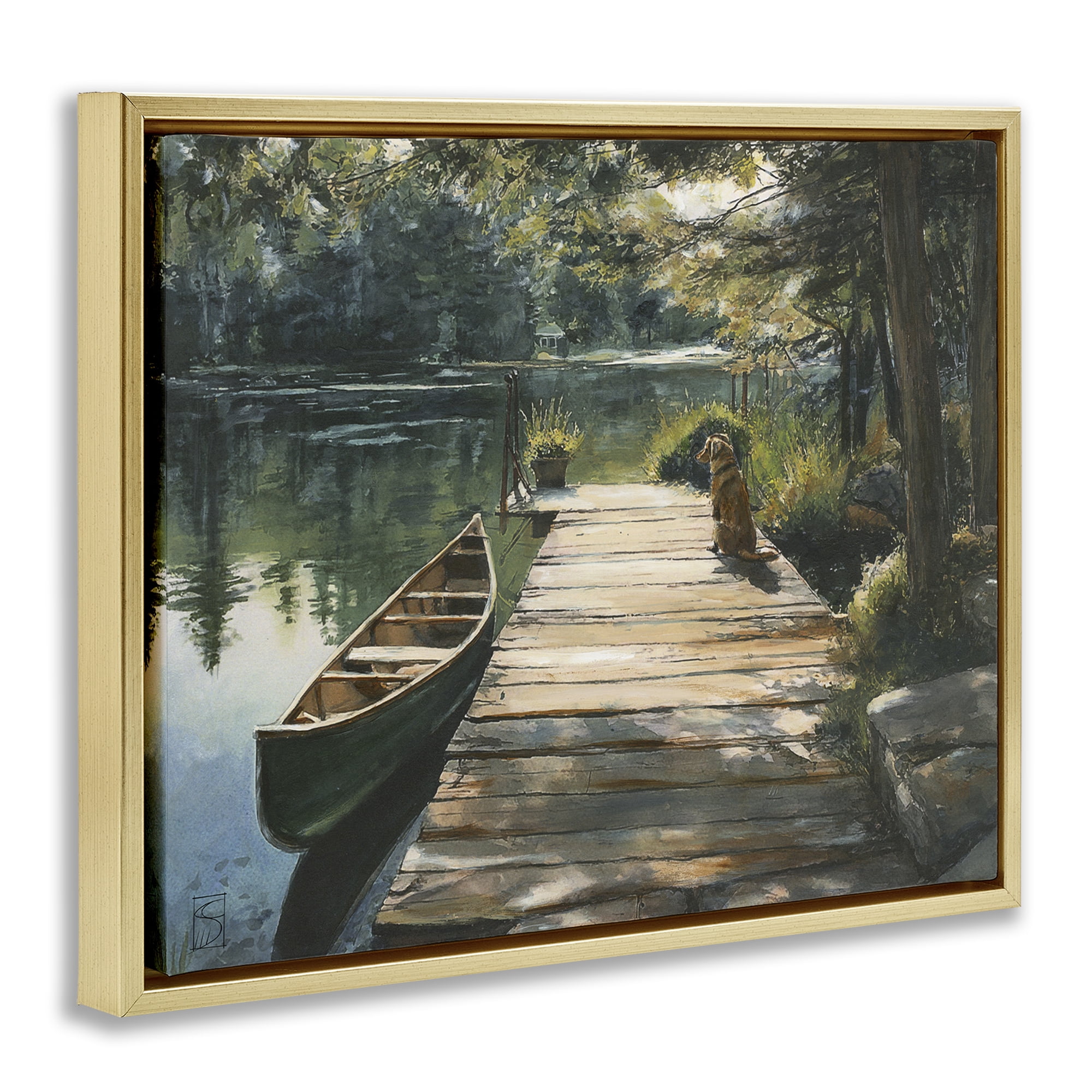 Lake Life Dog on Dock Gold Framed Floater Canvas Wall Art, design by Sara Culpepper