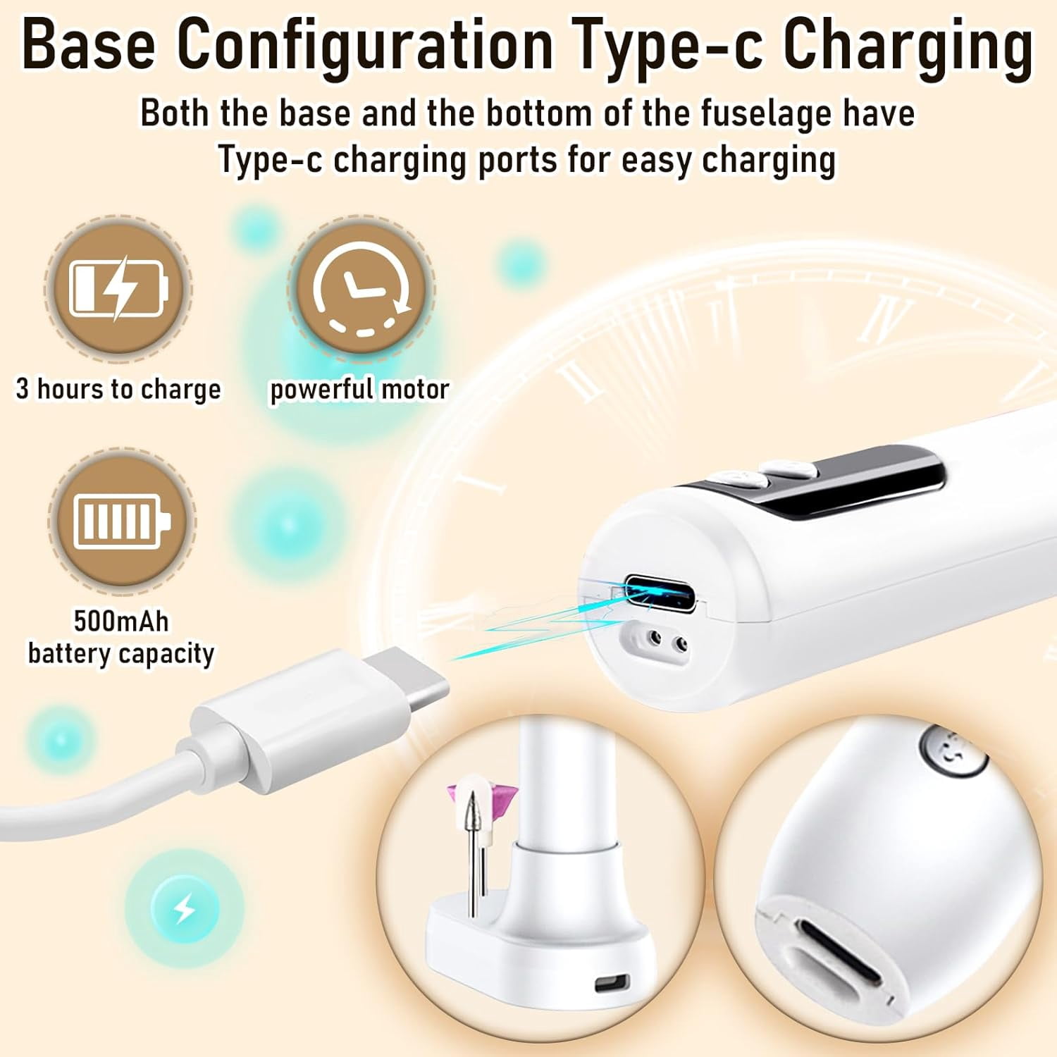 Aorsher Rechargeable Cordless Electric Nail Drill Kit, Professional Electric Nail File for Acrylic Gel Dip Powder Nails, 3 Speeds 15000RPM, Portable Manicure Pedicure Tool