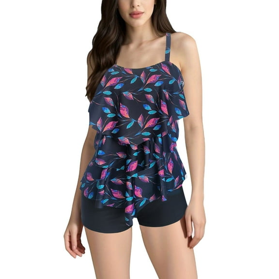 MGCWSH Womens Plus Size Two Piece Tankini Swimsuits 3-Tiered Ruffle Flounce Top with High Waisted Bottom Black 2XL