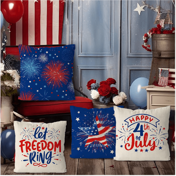 4th of July Pillow Covers 18x18 Inch Set of 4 Fireworks Pattern Patriotic Throw Pillowcase Independence Day Memorial Day Cushion Case Pillowcase Decorations for Sofa Couch