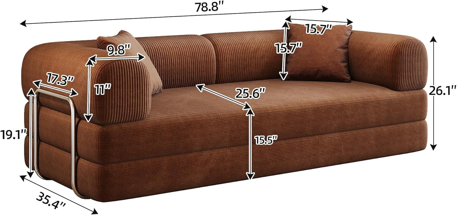 Howcool 79" Convertible Sofa Bed, Corduroy Folding Pull Out Couch with Pillows, Boneless Compression Sofa in a Box, Floor Sofa with Support Rods for Living Room,Brown