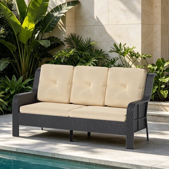 Junkai 3-Seat Outdoor Wicker Sofa, PE Rattan Patio Cushioned Sectional Couch Set Outside Furniture Set for Deck, Backyard, Porch, Garden & Poolside (Black-Beige)