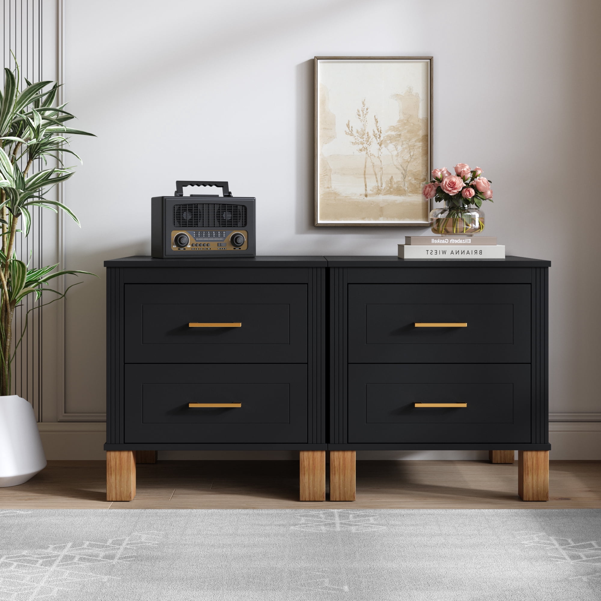 2 Drawer Nightstand, Fluted Design Bedside Table with Solid Wood Legs & Metal Handles, MDF Frame Storage Cabinet, Tall End Table for Bedroom Living Room