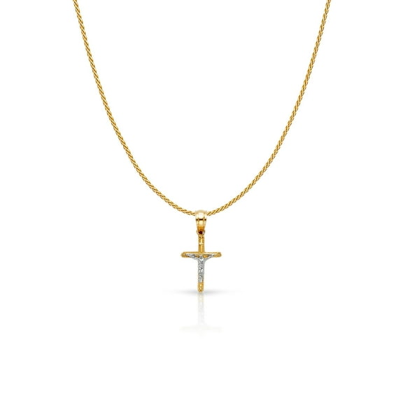 14K Two Tone Gold Jesus Crucifix Cross Charm Pendant with 0.9mm Wheat Chain Necklace - 16"