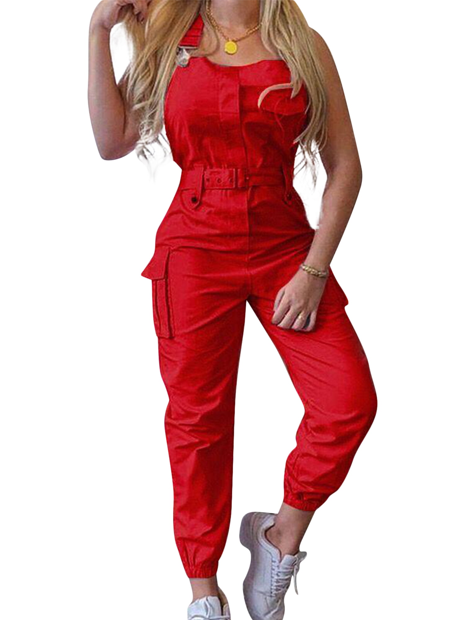 Women Jumpsuit Cargo Pants Solid Color Waistband Square Collar Jumpsuit