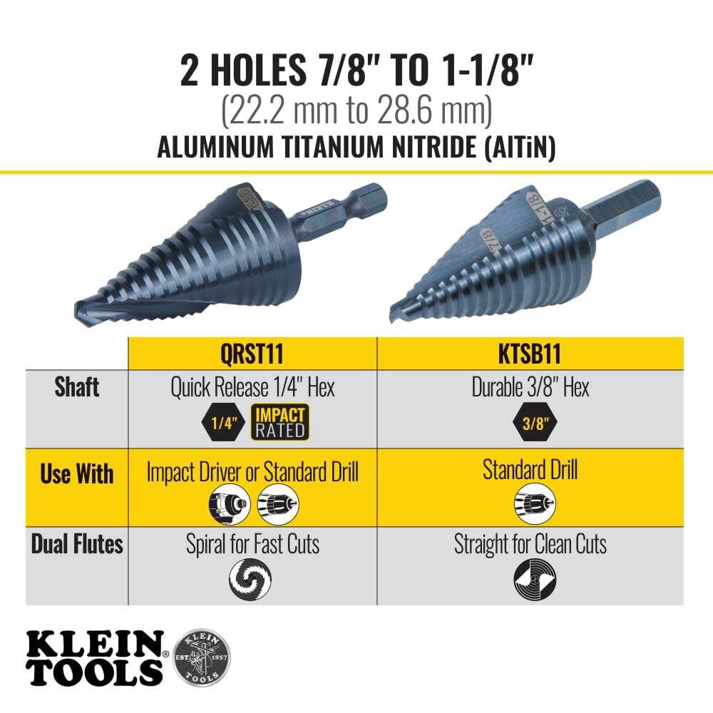 Klein Tools 7/8In To 1-1/8In Quick Release Sprial Flute Step Drill Bit