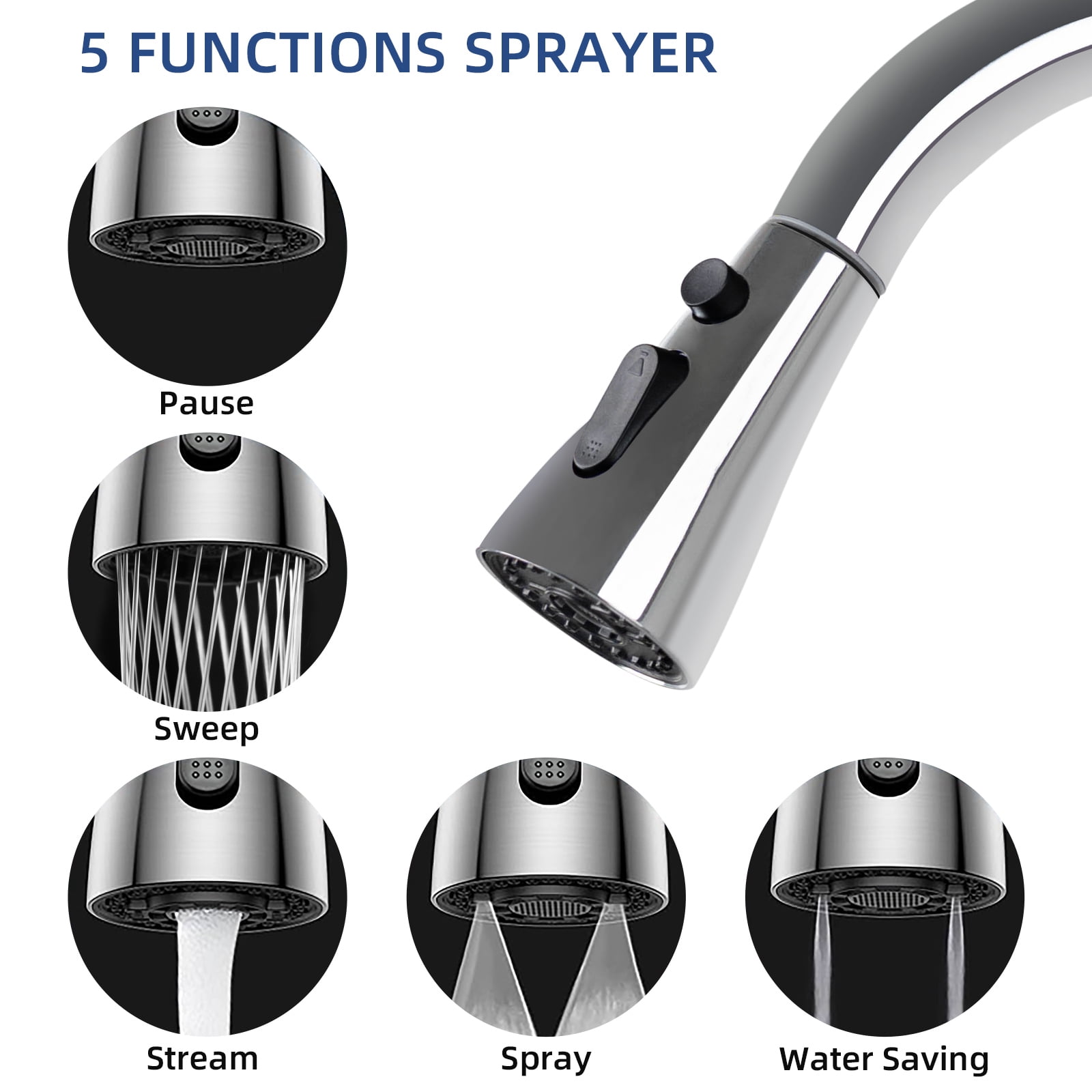 304 Stainless Steel Pull Down Kitchen Faucet with 4-Spray Modes, 360° Swivel & Quick-Reset Spray Head