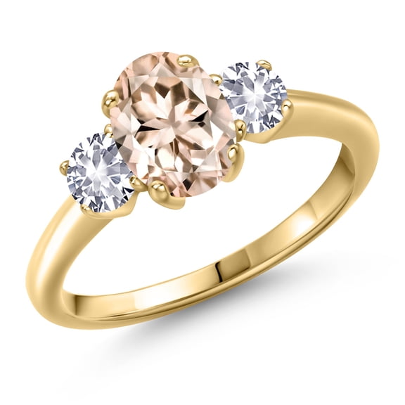 Gem Stone King 10K Yellow Gold Peach Morganite and White Created Sapphire Engagement Ring for Women | 1.50 Cttw | Oval 8X6MM | Gemstone October Birthstone | Size 5