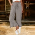 thumbnail image 7 of Linen Pants Women Summer Casual Ruffle Hem Wide Leg Drawstring Elastic Waist Capri Pants with Pockets Beach Vacation Travel Pants L, 7 of 7