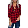 thumbnail image 6 of asdoklhq Womens Plus Size Tops Clearance,Womens Check Shirt Ladies Long Sleeve Plaid Check Bandage Blouse Casual Tops, 6 of 9