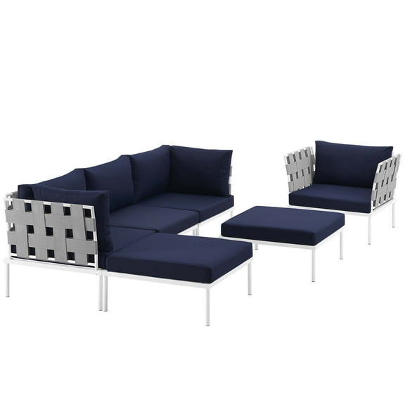 Modern Contemporary Urban Design Outdoor Patio Balcony Six PCS Sectional Sofa Set, Navy Blue White, Rattan