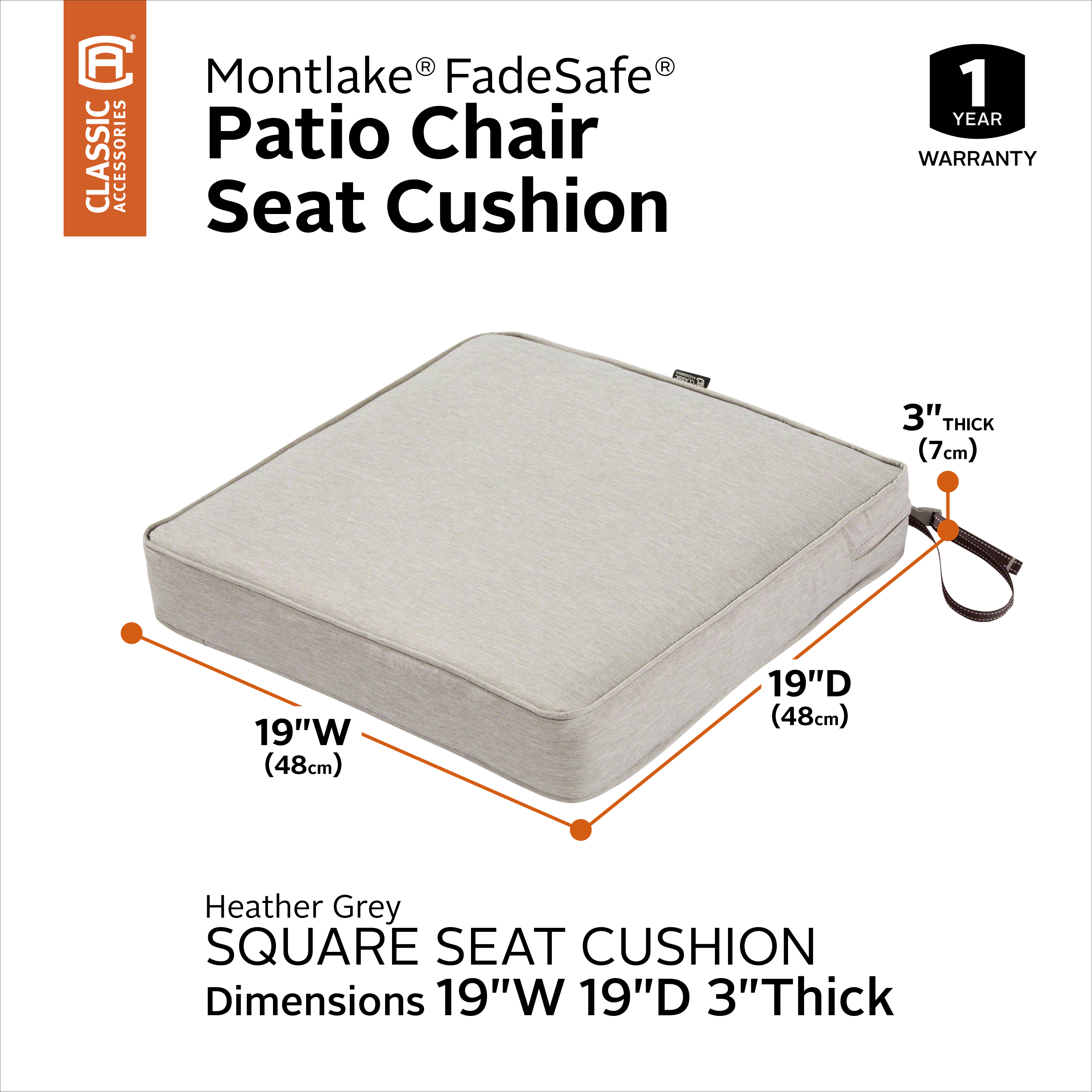 Classic Accessories Montlake FadeSafe Water-Resistant Patio Dining Seat Cushion, 19 x 19 x 3 inch, Heather Grey