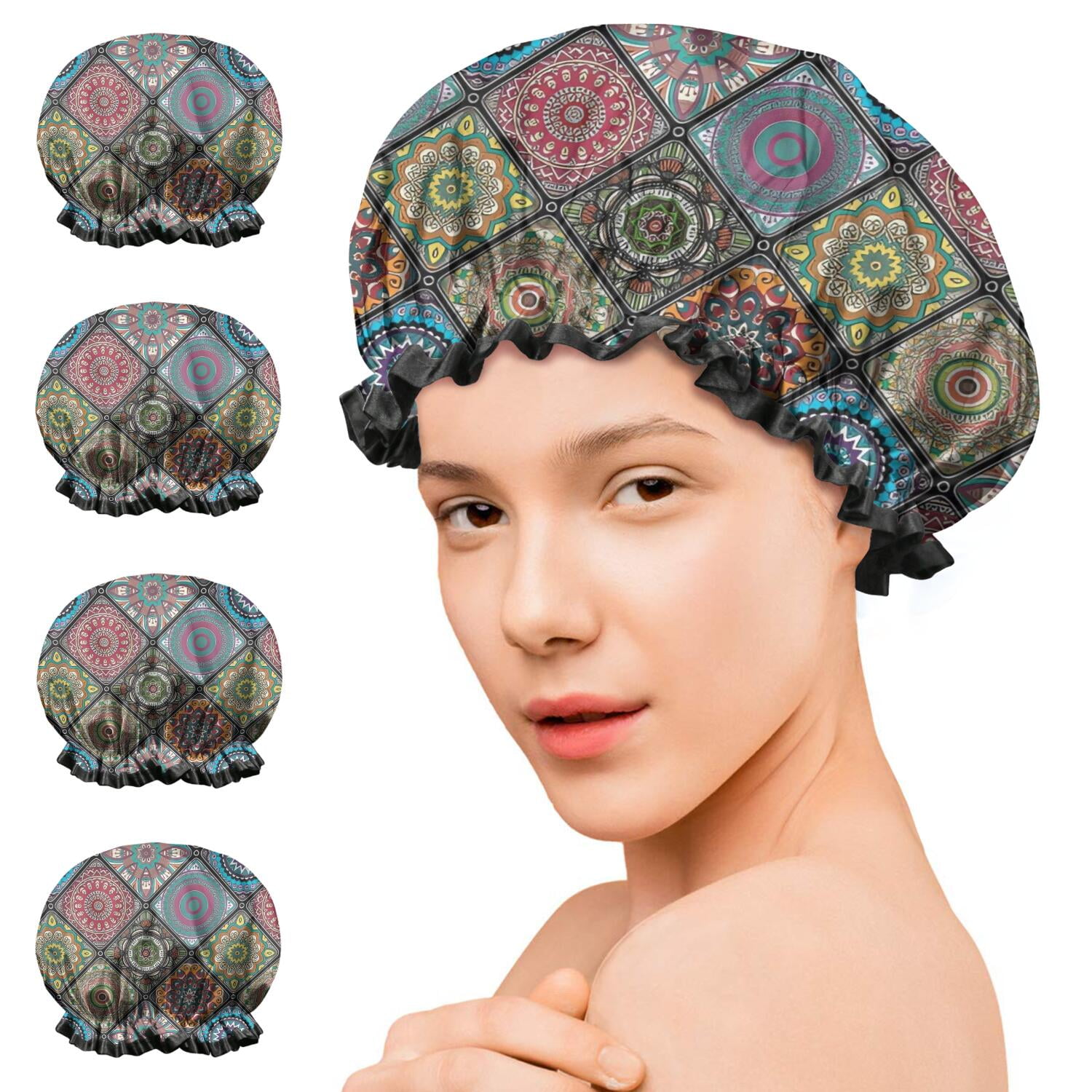 Shower Caps,Multicolor Ethnic Mandala Pattern Waterproof Shower Cap for Women 4 Pieces,Double Reusable Hair Cover for Shower PEVA Elastic Stretch Hem