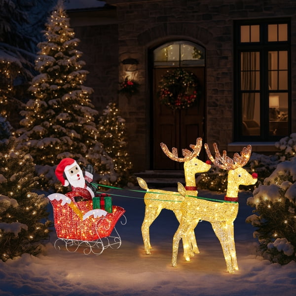 Lighted Christmas Reindeer & Sleigh Set, 270 Warm White LEDs, Collapsible Design for Indoor, Outdoor Home, Yard Decor