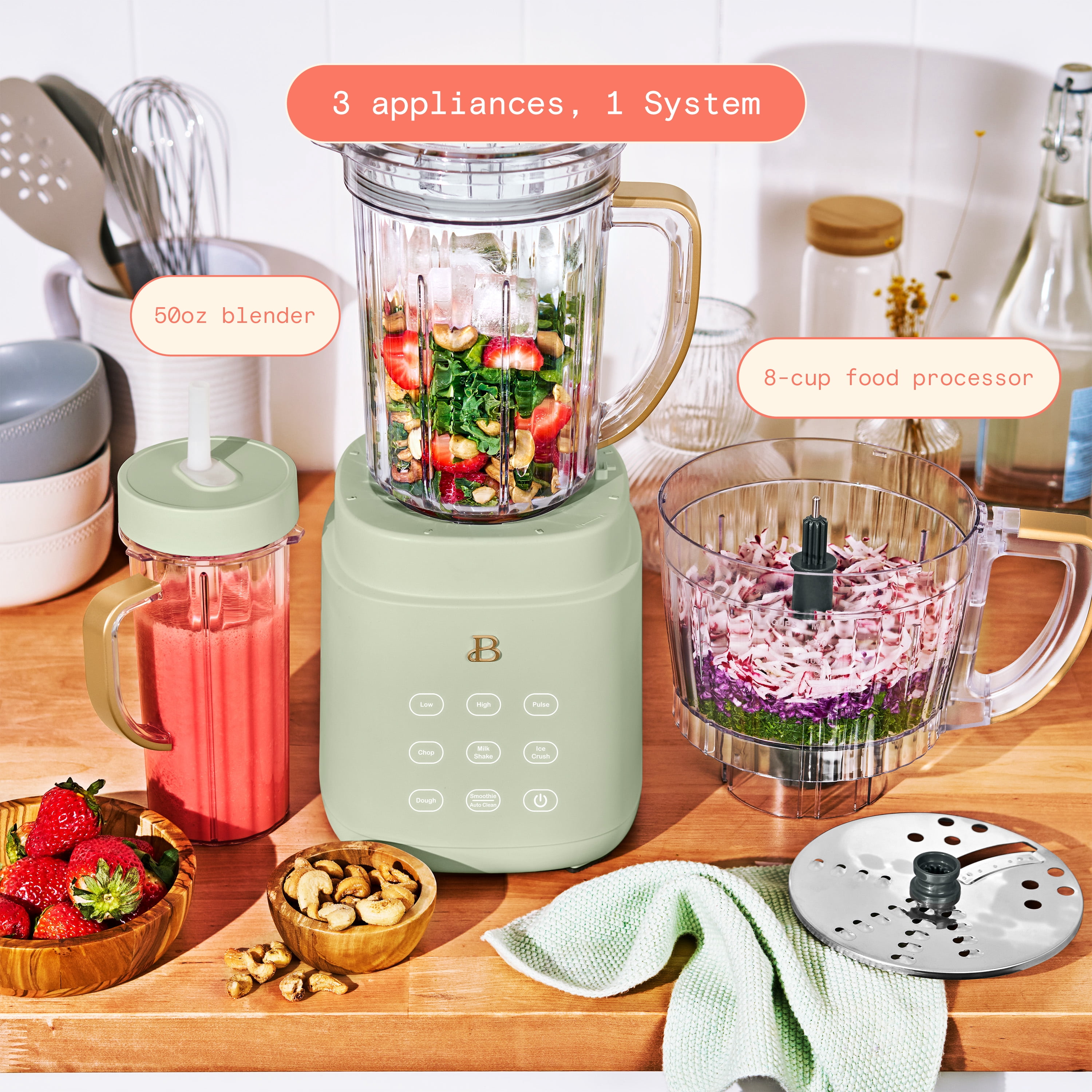 Beautiful 3-in-1 Kitchen System, Blender, Food Processor & Personal Blender, Sage Green by Drew Barrymore