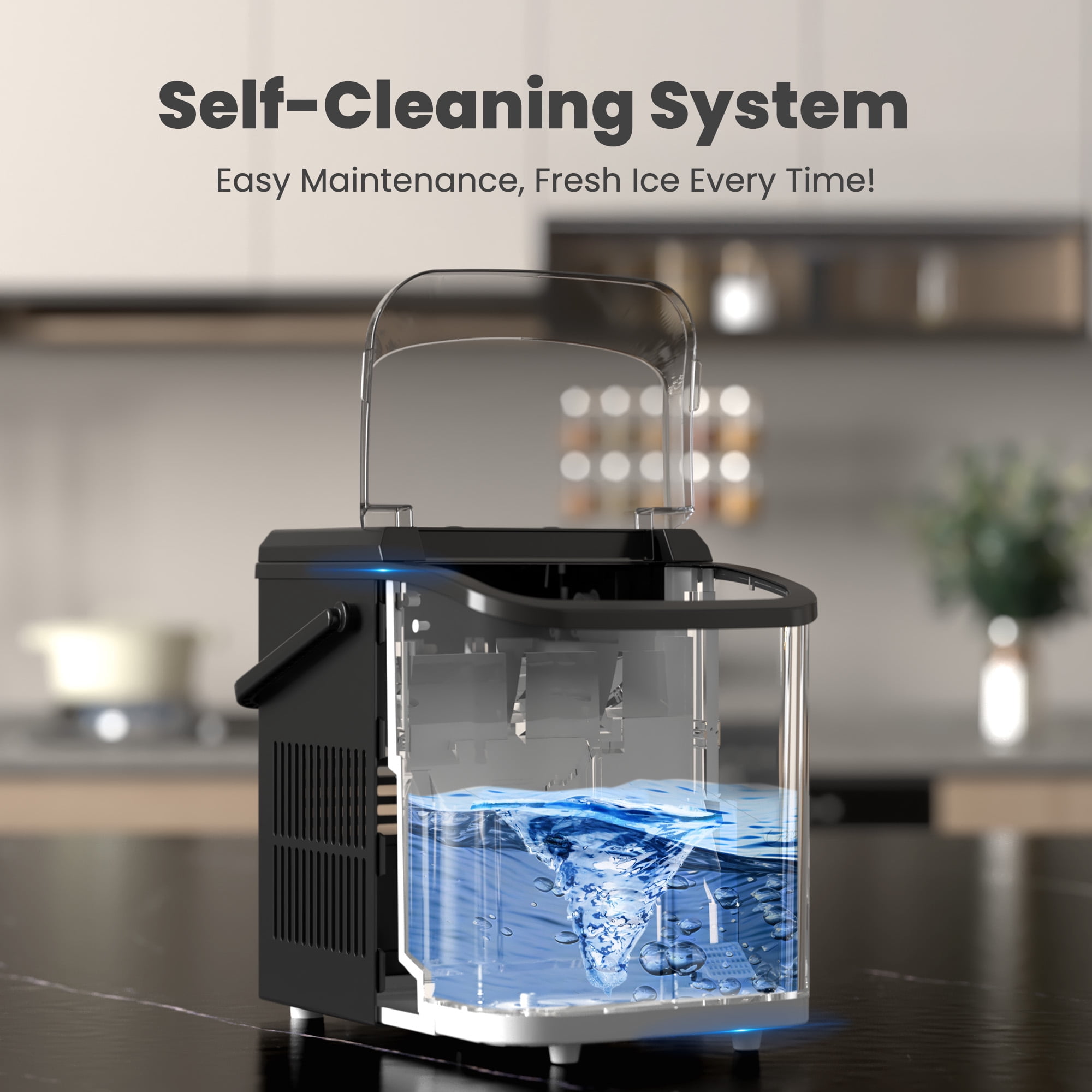 CONCETTA Portable Ice Maker Machine, 26.5 lb/Day Ice, Two Ice Sizes, Self-Cleaning Function, Bullet Ice Maker with Ice Scoop & Basket, Black