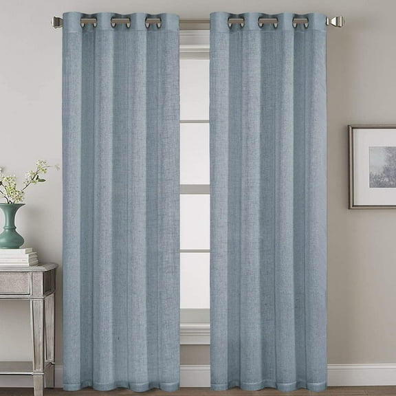 "Primebeau Natural Linen Blended Nickel Grommet Semi Sheer Window Curtain Panels, 52"" W x 84"" L, Stone Blue"