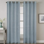 PrimeBeau Natural Linen Blend Curtains, Nickel Grommet, Semi-Sheer Privacy, Textured Flax (52"W x 96"L, Stone Blue) - Set of 2 Panels