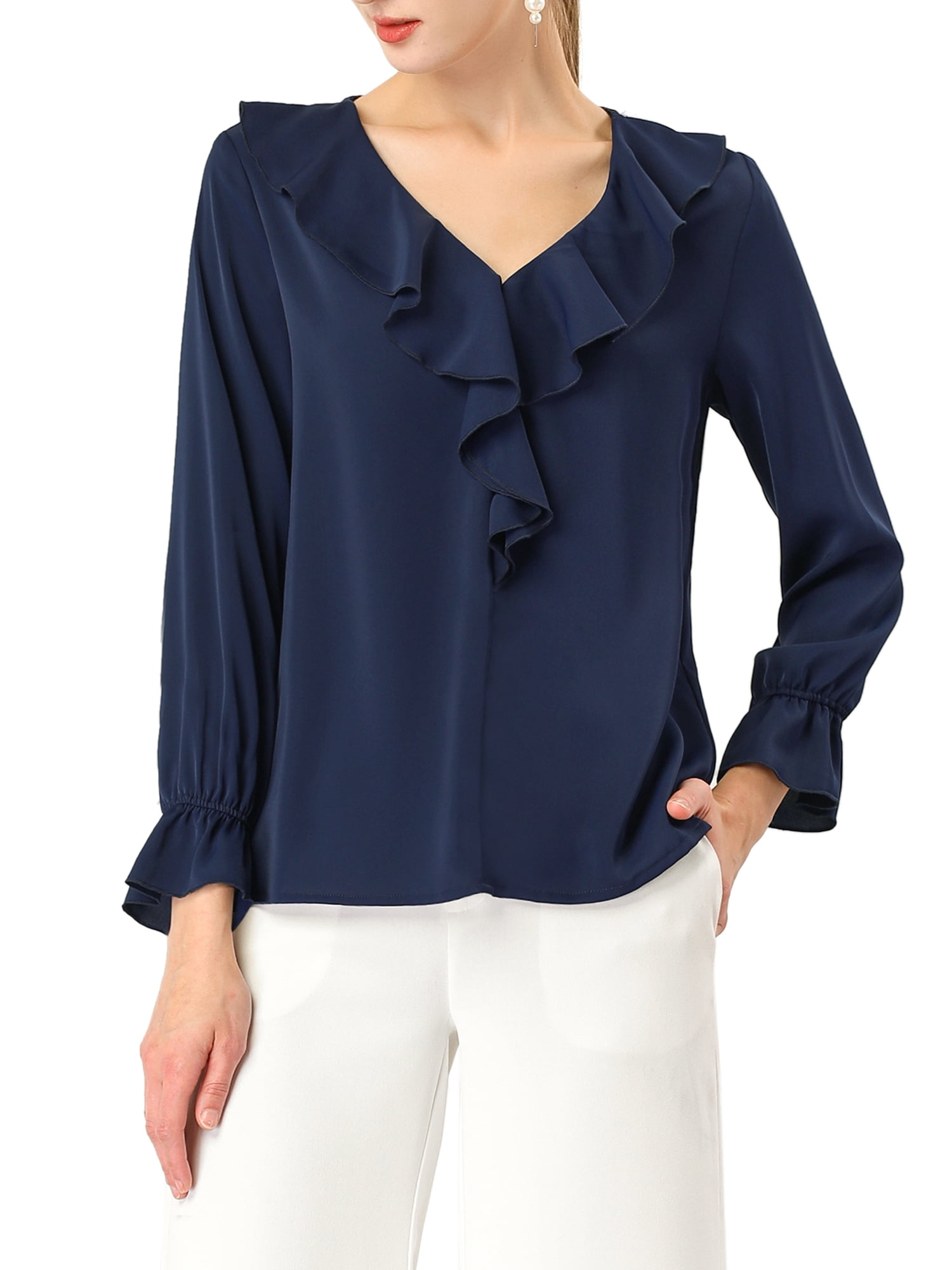 DARING DIVA Women's Ruffle V Neck Chiffon Peasant Blouse XS Dark Blue