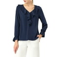 thumbnail image 6 of INSPIRE CHIC Women's Ruffle Blouse Wear-to-Work Elegant V Neck Long Sleeve Dressy Top L Dark Blue, 6 of 9