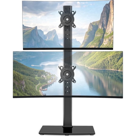 Vertical Dual Monitor Stand for 17–34 Inch Screens, Freestanding Stacked Monitor Mount with 33.3" Pole, 12 Height Settings, Full Motion, VESA 75x75/100x100