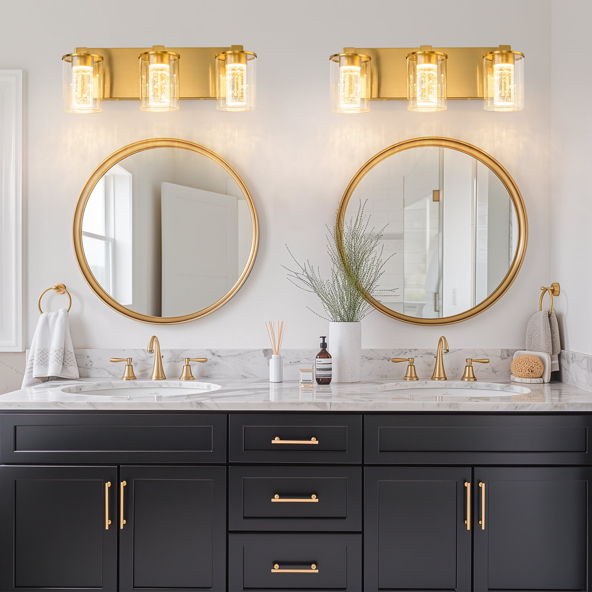 Briignite 3-Light Brushed Gold Vanity Lamps, Clear Glass with Crystal Column, Dimmable Bathroom Light Fixture for Hallway, Kitchen, Bedroom, and Living Room