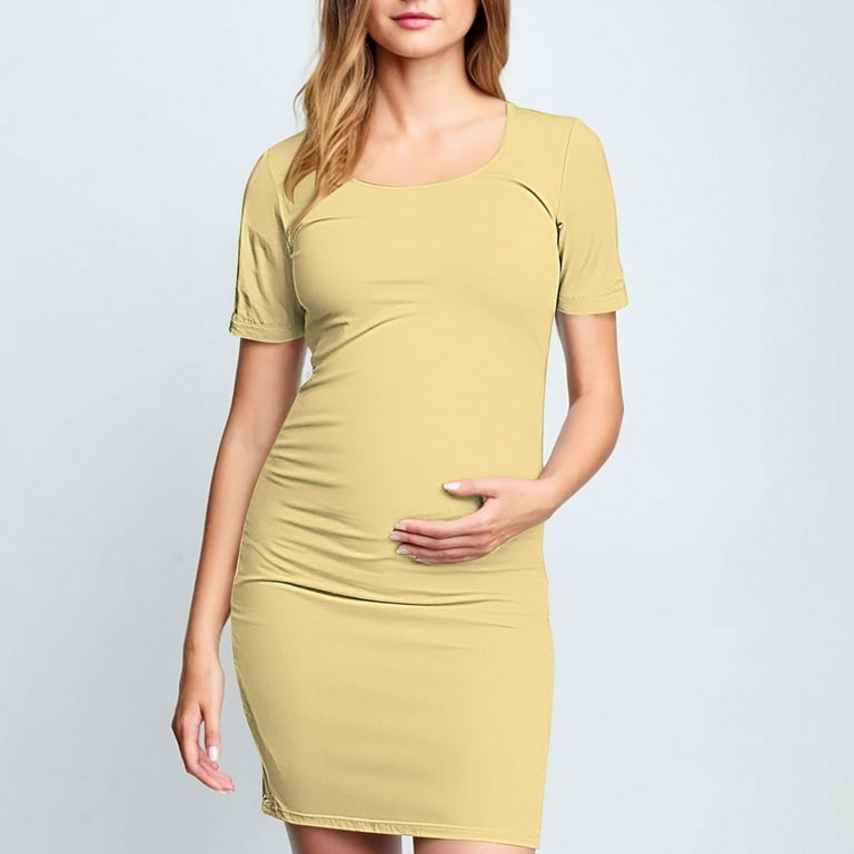 yellow maternity bodycon dress Yellow Ribbed Square Neck Puff Short Sleeve Maternity Dress