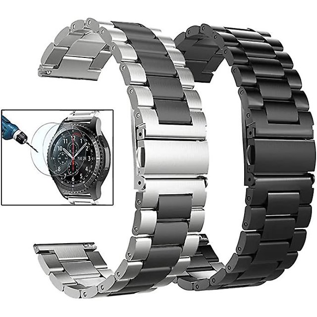 Correas para Samsung Gear S2/Gear Sport de 20 mm, paquete de 2, correas de acero inoxidable de metal macizo para negocios, color plateado/negro+negro