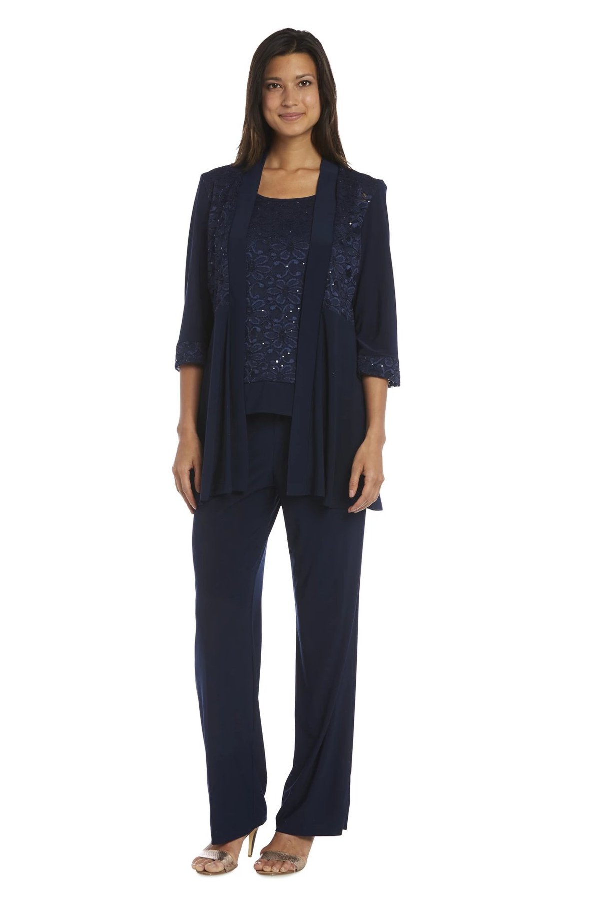 R&M Richards Women's Lace ITY 2 Piece Pant Suit - Mother of the bride outfit, 6 Navy - image 1 of 2