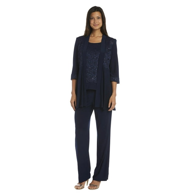 R&M Richards Women's Lace ITY 2 Piece Pant Suit - Mother of the bride outfit, 6 Navy