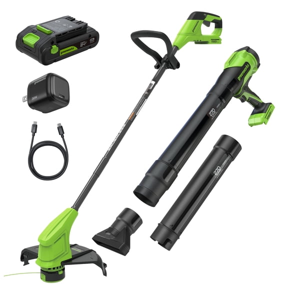 Greenworks 24V 12" Brushless & 270 CFM Blower, 2.0Ah Battery with 30W Type-C Charger and 3-FT Cables Included