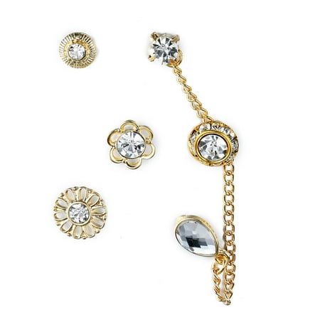 Gold Tone Flower, Rhinestone & Crystal Drop Chain Link- Assorted Stud Earrings (6 Piece) Set, By JADA Collections