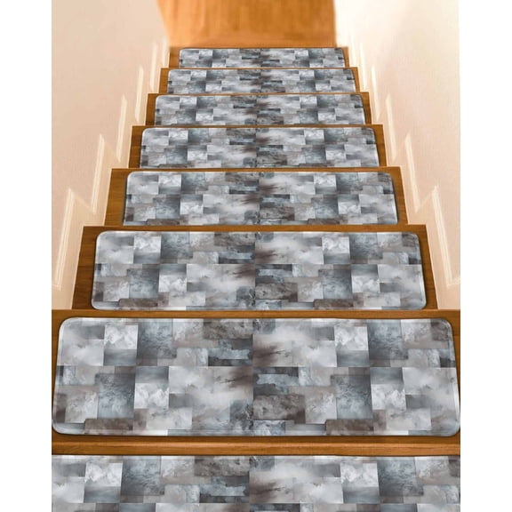 Gray Geometric Stair Treads Non Slip Runners Rugs, 4 Pcs Carpet for Stairs with Adhesive, Modern Abstract Art Block Stair Mats Pads Indoor Stair Treads for Wooden Steps 8"x30"