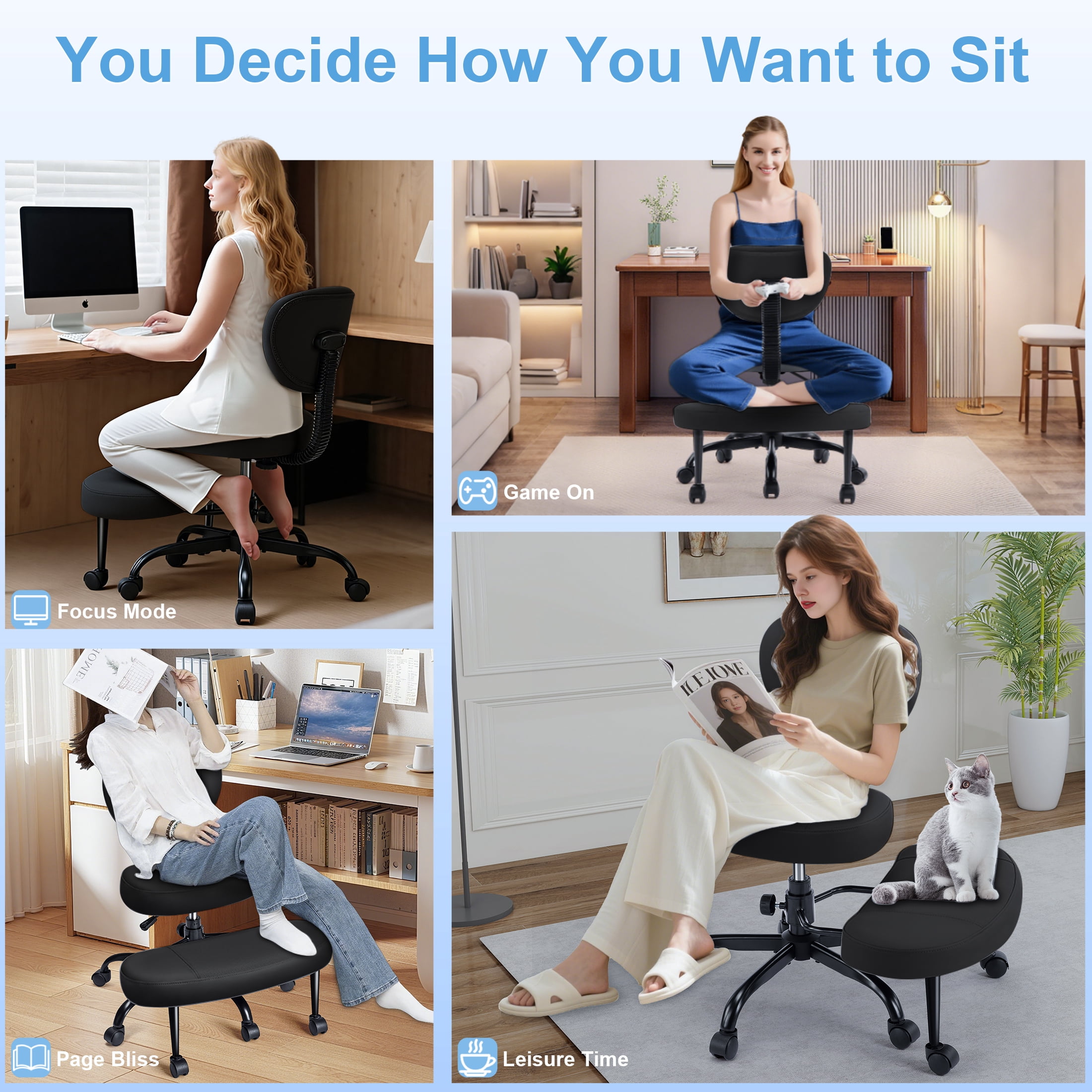 Dhole Kneeling Chair with Backrest - Ergonomic Office Chair for Cross-Leg Sitting, Adjust Height, 360° Rotating Footrest & Wheels, Posture Support for ADHD/Home Office/Meditation, Black