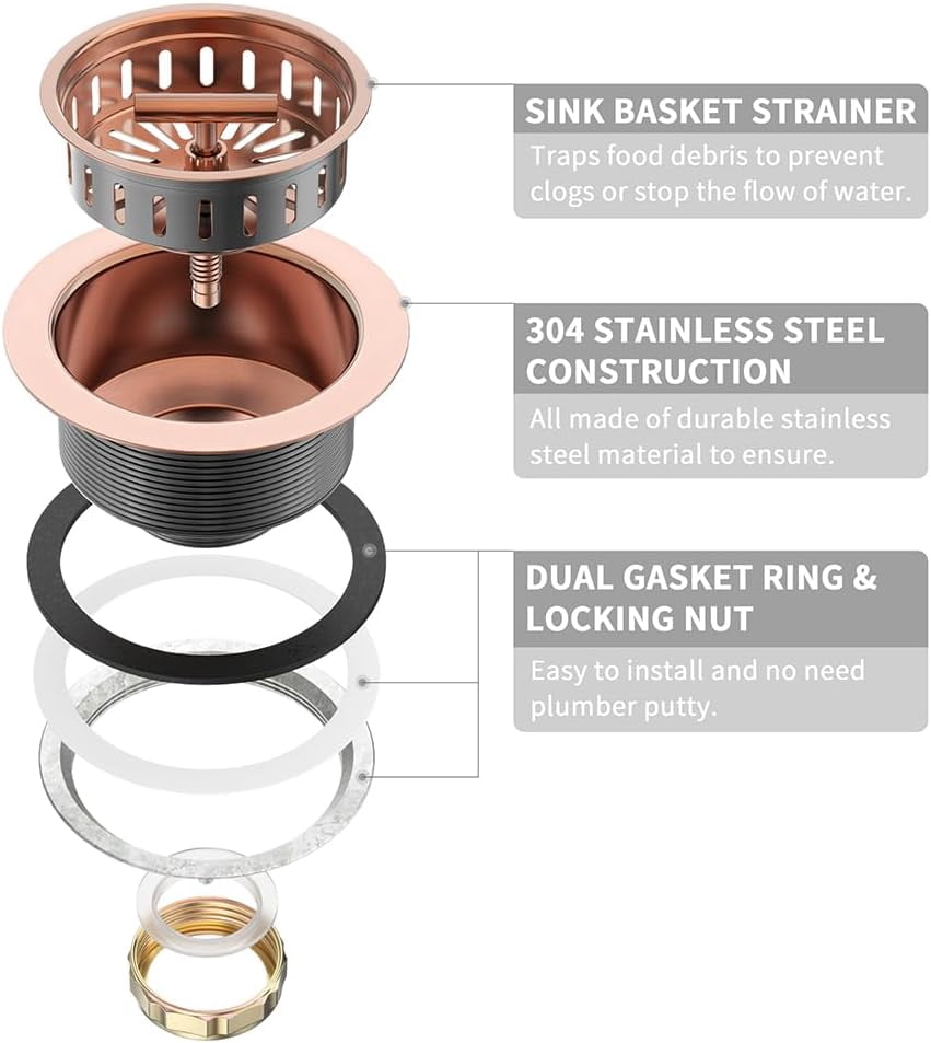 Copper Sink Drain 3.5 Inch Kitchen Sink Drain Assembly Stainless Steel Sink Strainer Sink Stopper Antique Copper Basket Strainer for 3-1/2 Inch Commercial Kitchen Sink