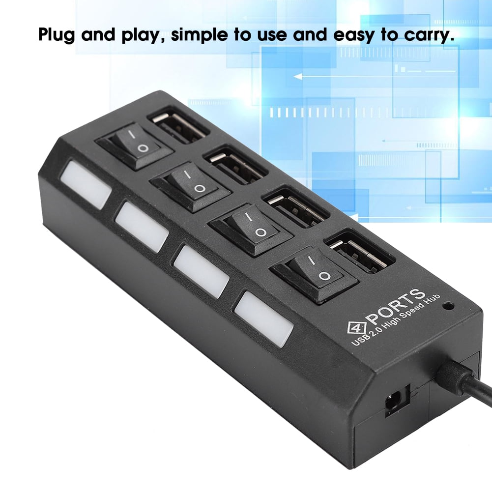 USB2.0 HUB Splitter, Independent LED Indicator USB Adapter HUB, for USB Fan Hard Disk for PC for USB port device 4 Ports Black
