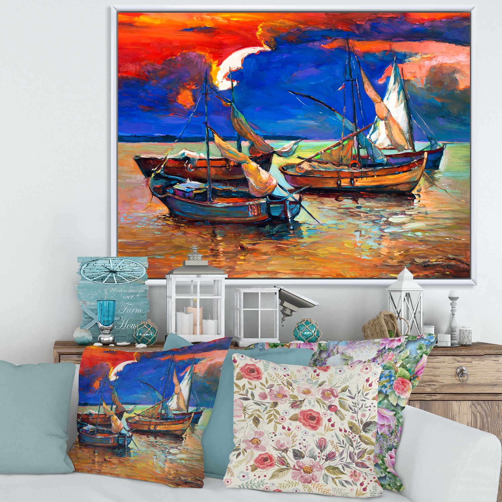 Designart 'Boats On The Water With Dark Blue Sky I' Lake House Framed Canvas Wall Art Print