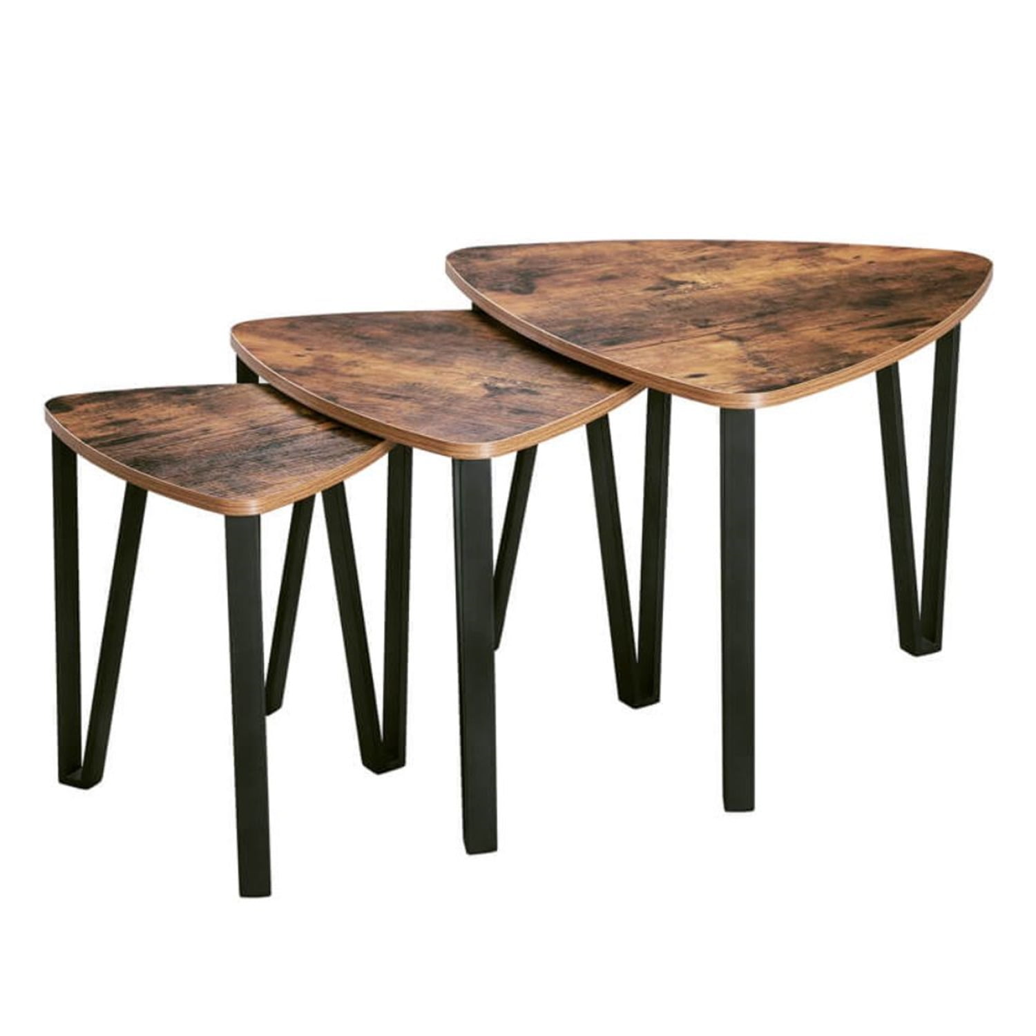 Benzara Wooden Triangular Nesting Tables with Iron Angled Legs, Brown