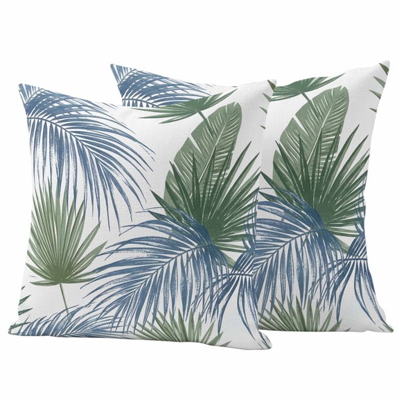 Outdoor Pillow Covers 24 x 24 Inches, Blue Green Palm Leaves Waterproof Throw Pillow Cover Set of 2, Seaside Tropical Summer Botanical Decorative Square Cushion Covers for Patio/Tent/Couch/Garden