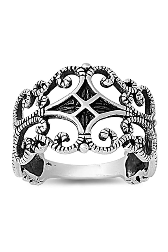 Oxidized Filigree Cross Fleur De Lis Ring .925 Sterling Silver Band Jewelry Female Male Size 9