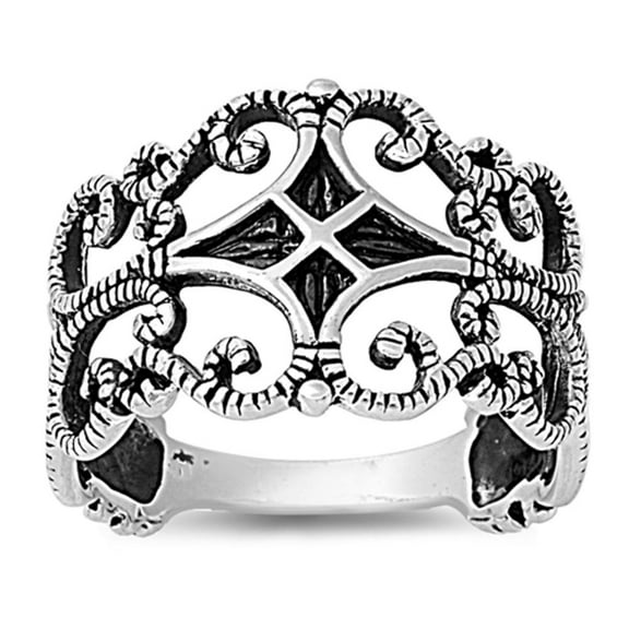 Oxidized Filigree Cross Fleur De Lis Ring .925 Sterling Silver Band Jewelry Female Male Size 6