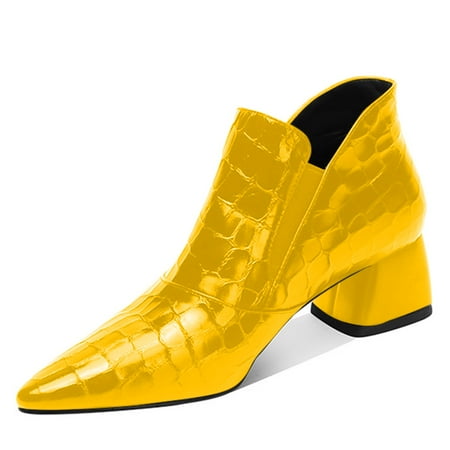 YDN Women Sexy Pointed Toe Ankle Booties Chunky Low Heel Short Boots Pull On Elastic Daily Outdoor Shoes Size 4 Yellow